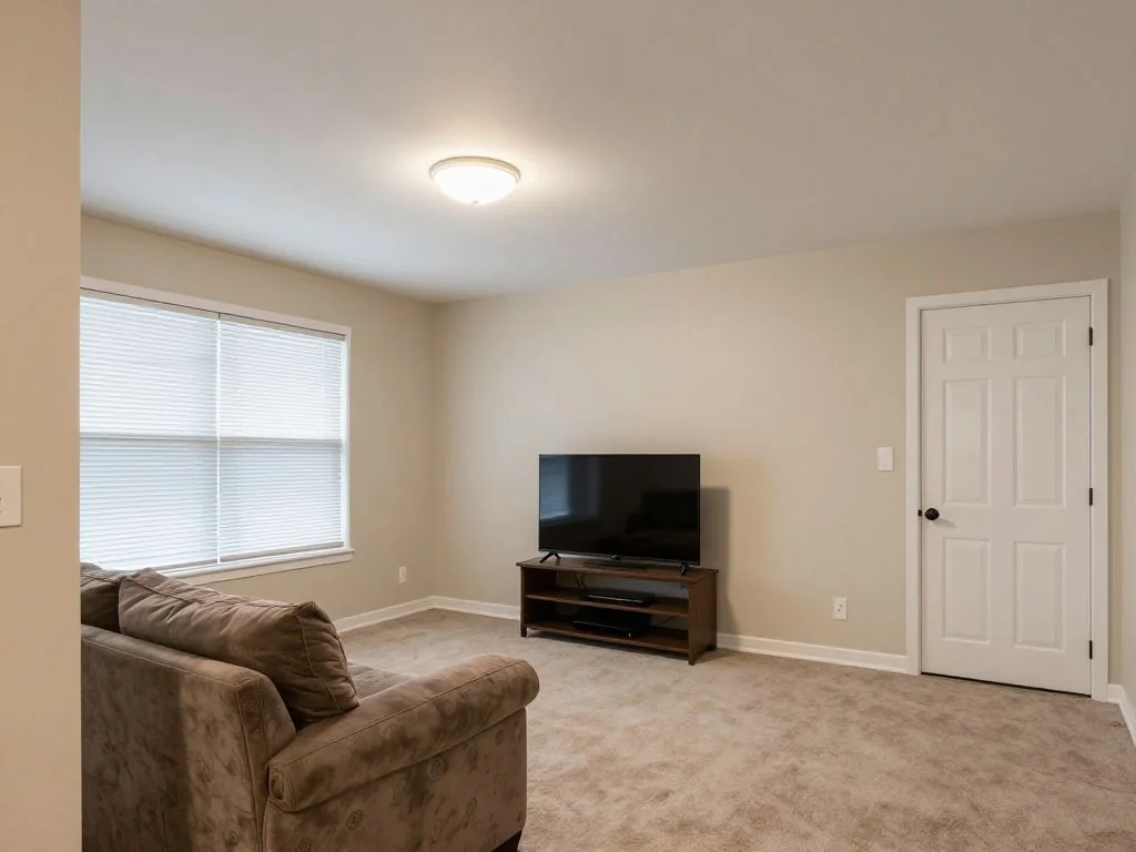 Living room theater upgraded with a projector, blackout shades, and a 5.1 layout. before AI redesign