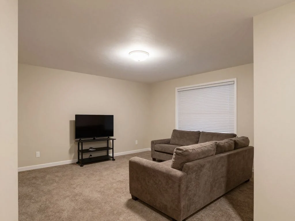Media room refreshed with a sectional, a soundbar, and dimmable recessed lights. before AI redesign