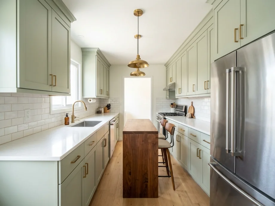 Galley kitchen restyled with lighter cabinets and a warm wood island. after AI redesign