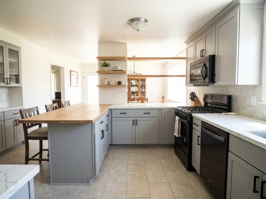 Closed-off kitchen opened up with a peninsula and matte black appliances. after AI redesign