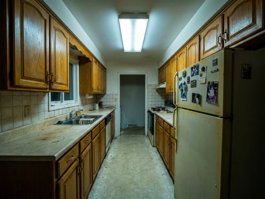 Galley kitchen restyled with lighter cabinets and a warm wood island. before AI redesign