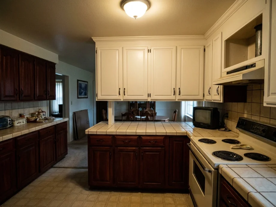 Closed-off kitchen opened up with a peninsula and matte black appliances. before AI redesign