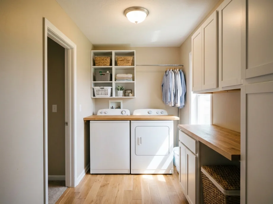 Laundry room restyled with a folding counter, open shelving, and a hanging rod. after AI redesign