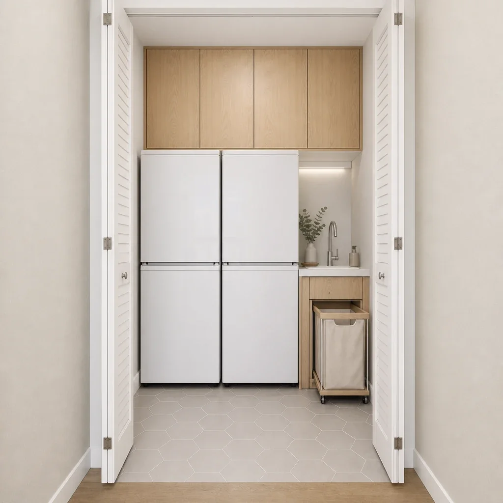 Small laundry upgraded with stacked units, a sink, and a pull-out hamper. after AI redesign
