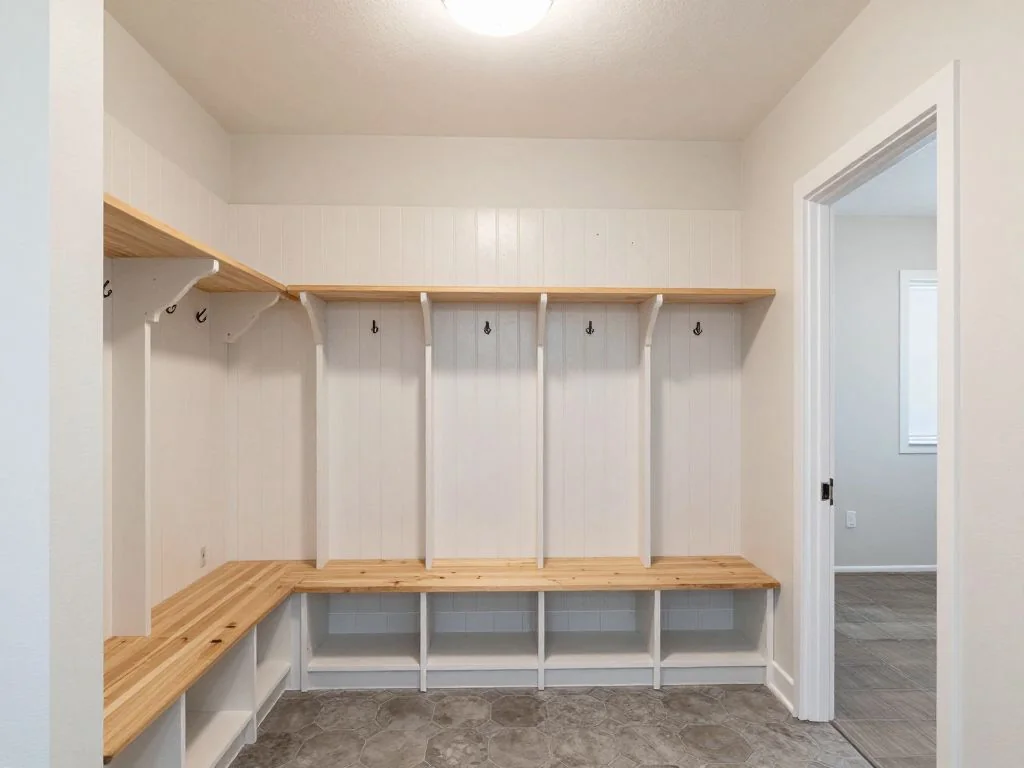Mudroom laundry refreshed with a bench, cubbies, and a tile backsplash. after AI redesign