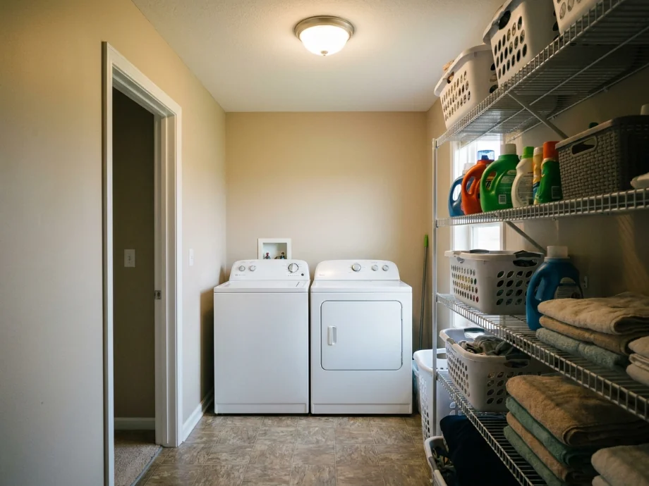 Laundry room restyled with a folding counter, open shelving, and a hanging rod. before AI redesign