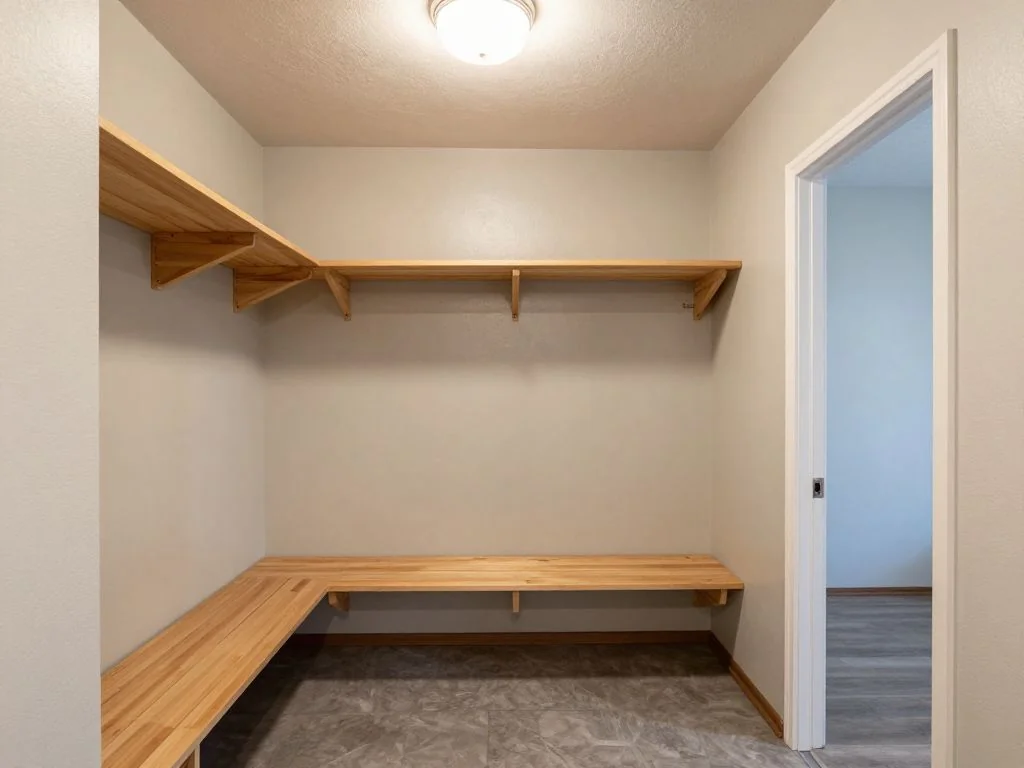 Mudroom laundry refreshed with a bench, cubbies, and a tile backsplash. before AI redesign