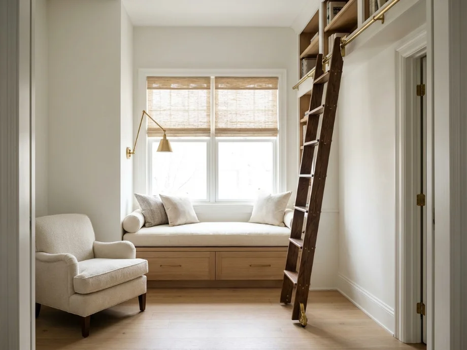 Reading room upgraded with a window seat, a ladder, and a soft rug. after AI redesign