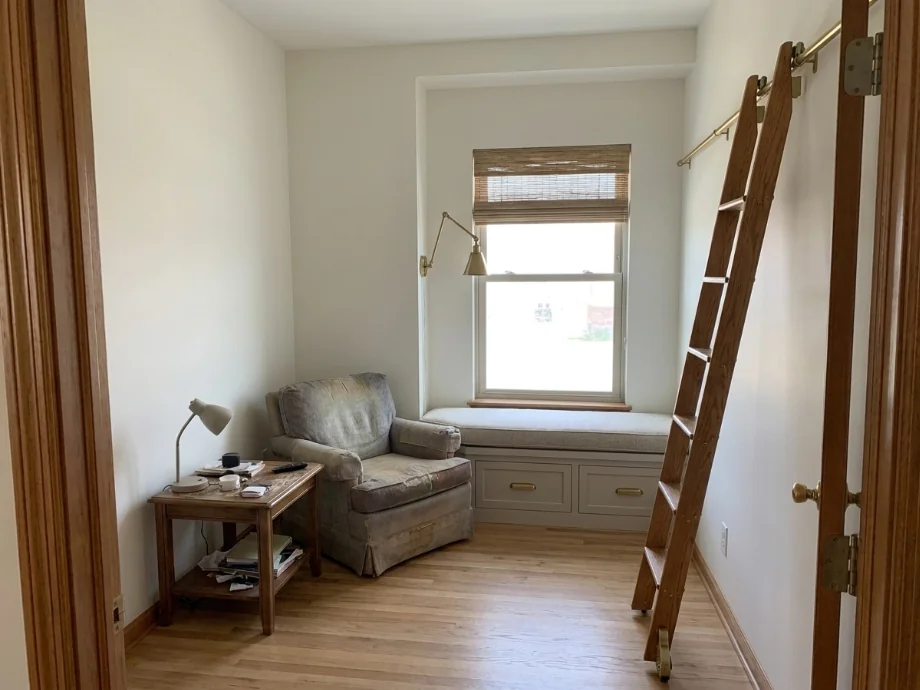 Reading room upgraded with a window seat, a ladder, and a soft rug. before AI redesign