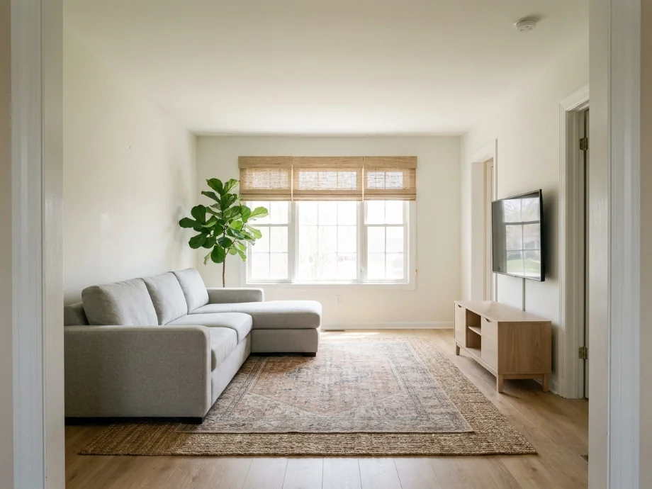 Living room restyled with a sectional, layered rug, and a media console. after AI redesign