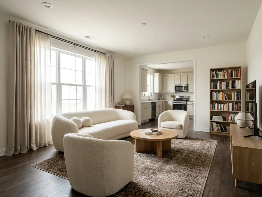 Open-plan living room opened up with a lighter palette and a reading nook. after AI redesign