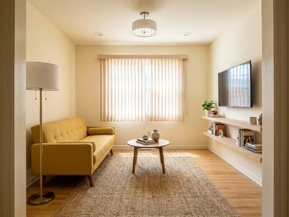 Compact living room upgraded with built-in shelving and a wall-mounted TV. after AI redesign