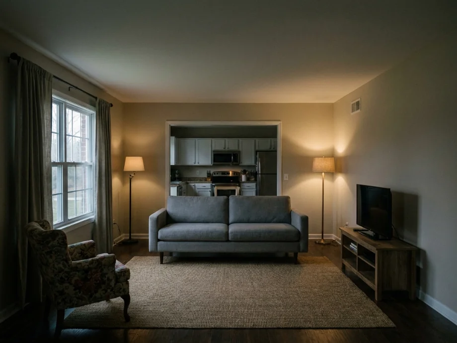Open-plan living room opened up with a lighter palette and a reading nook. before AI redesign
