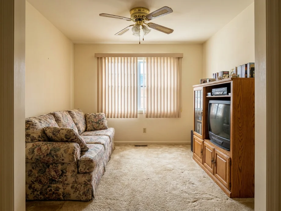 Compact living room upgraded with built-in shelving and a wall-mounted TV. before AI redesign