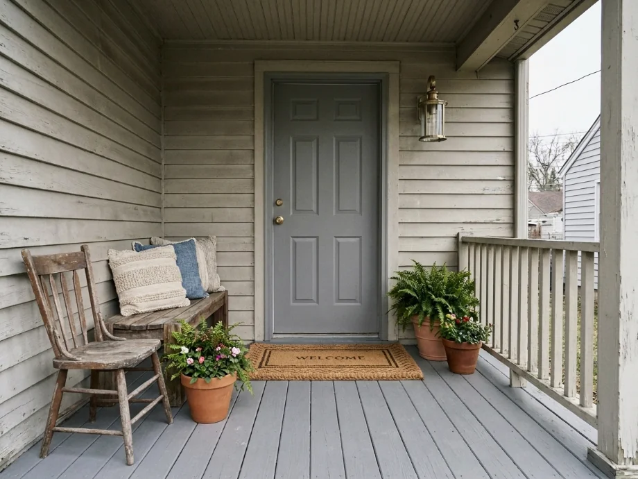 Front porch restyled with a bench, planters, and a warm welcome mat. after AI redesign