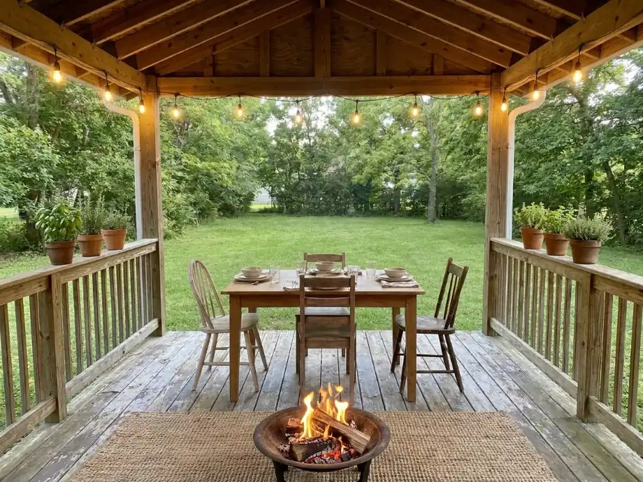Back porch upgraded with a dining set, string lights, and a small fire pit. after AI redesign