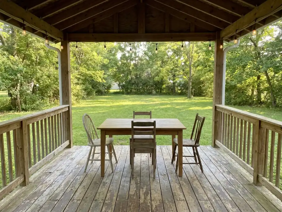Back porch upgraded with a dining set, string lights, and a small fire pit. before AI redesign