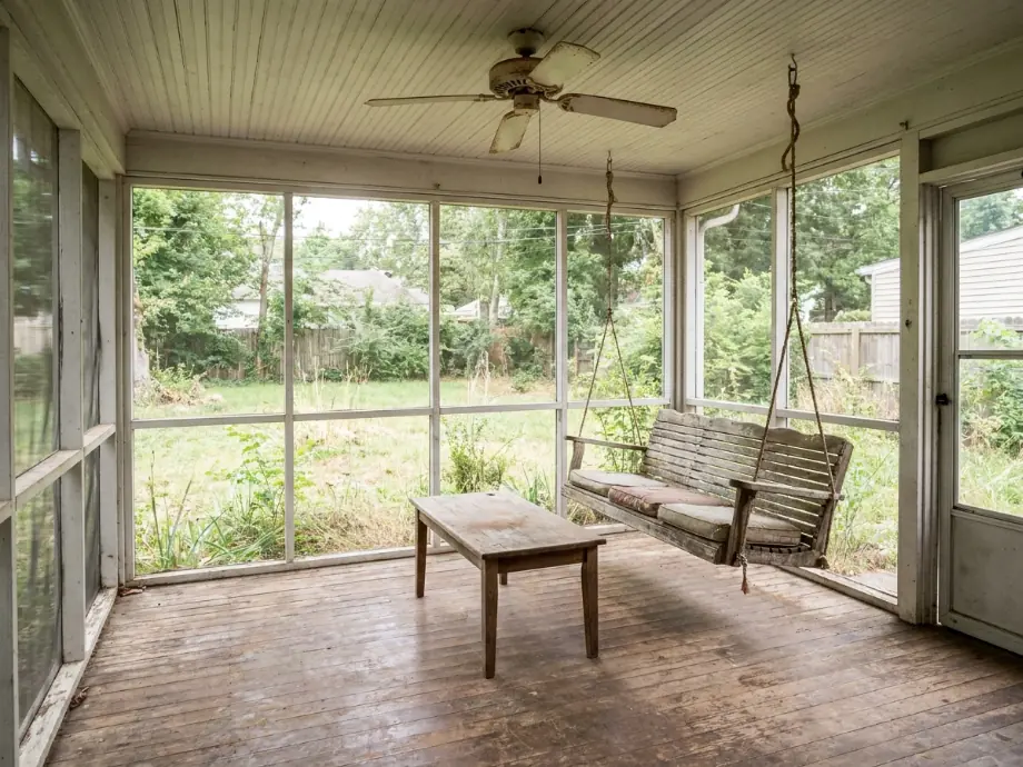 Screened porch refreshed with a hanging swing, a ceiling fan, and outdoor rugs. before AI redesign