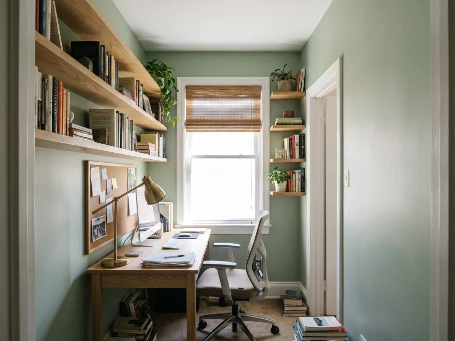 Small study upgraded with wall shelving, a corkboard, and a softer color scheme. after AI redesign
