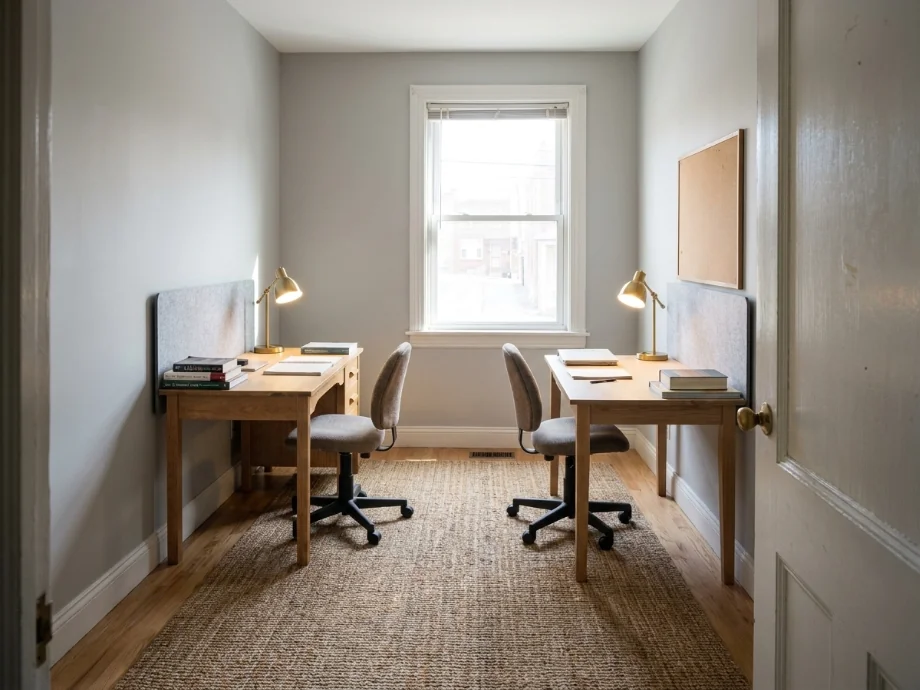 Shared study room refreshed with two facing desks and a quiet zone divider. after AI redesign