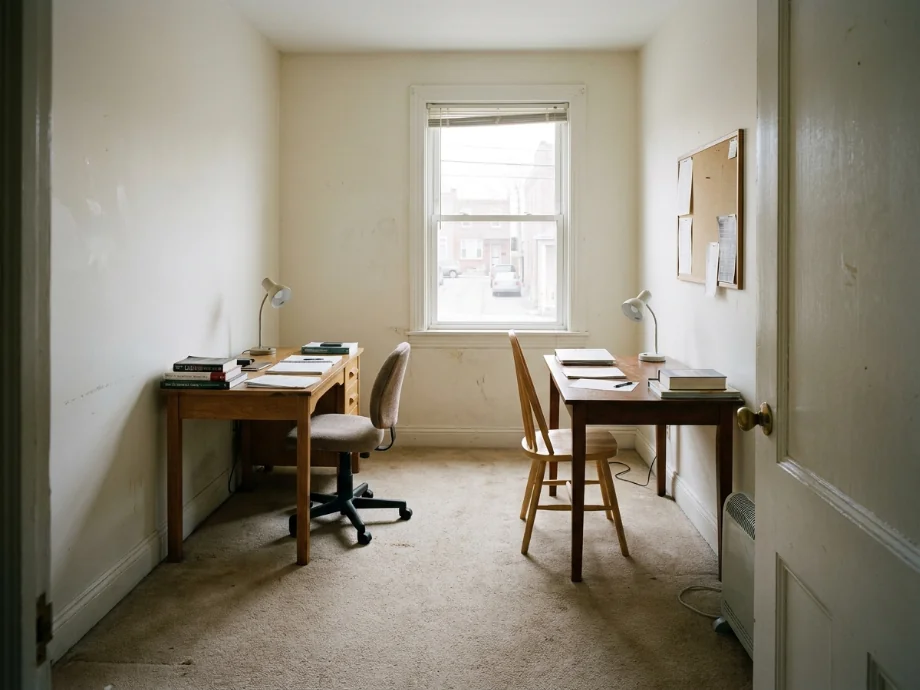 Shared study room refreshed with two facing desks and a quiet zone divider. before AI redesign