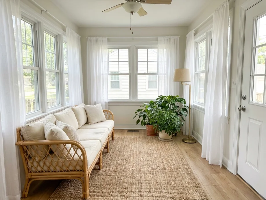 Sunroom restyled with a rattan set, a leafy plant cluster, and sheer curtains. after AI redesign