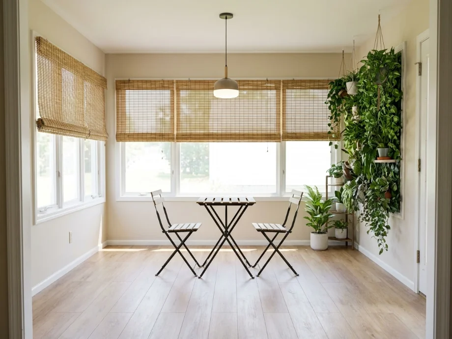 Three-season sunroom upgraded with a small bistro table and an indoor garden wall. after AI redesign