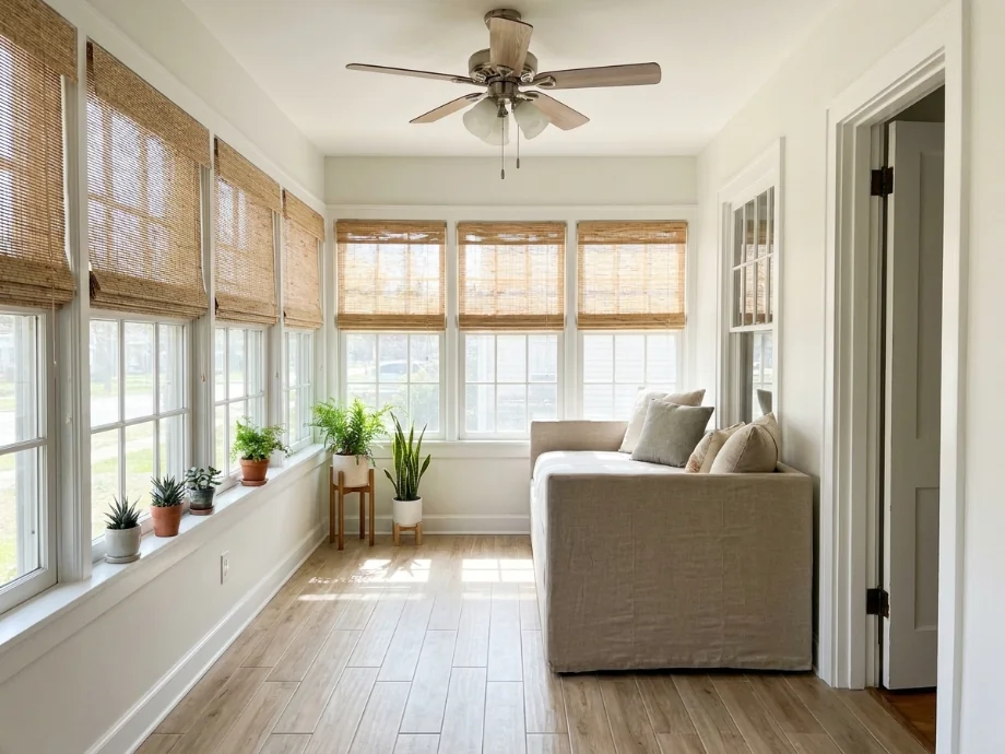 Enclosed porch refreshed with a daybed, a ceiling fan, and lighter flooring. after AI redesign