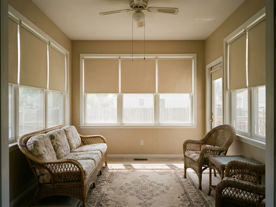 Sunroom restyled with a rattan set, a leafy plant cluster, and sheer curtains. before AI redesign