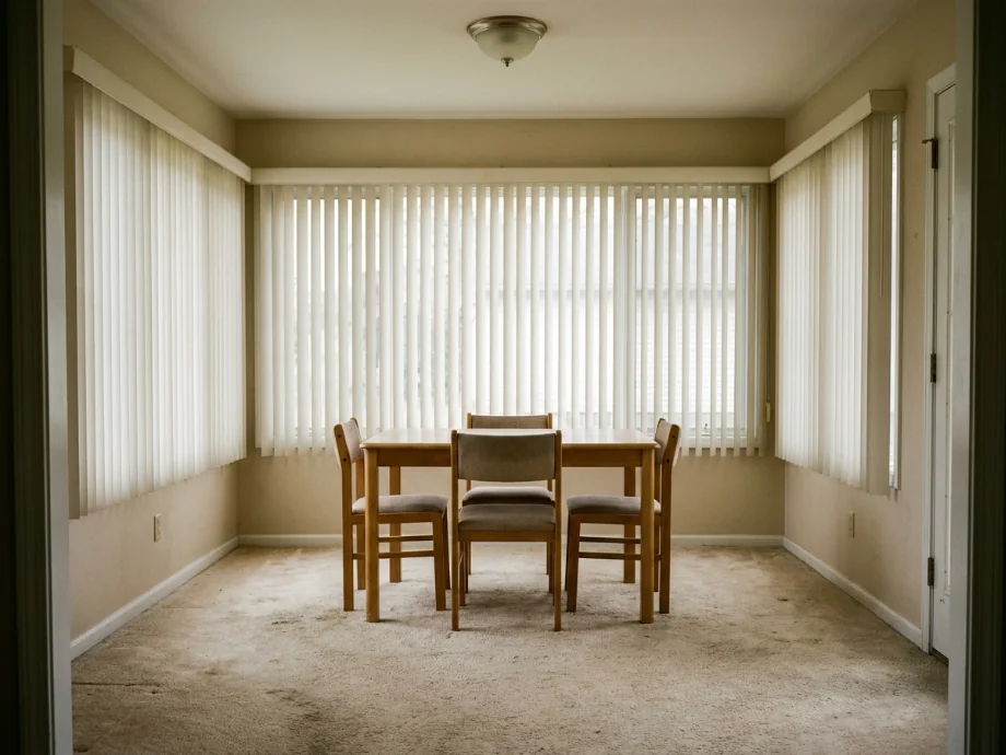 Three-season sunroom upgraded with a small bistro table and an indoor garden wall. before AI redesign