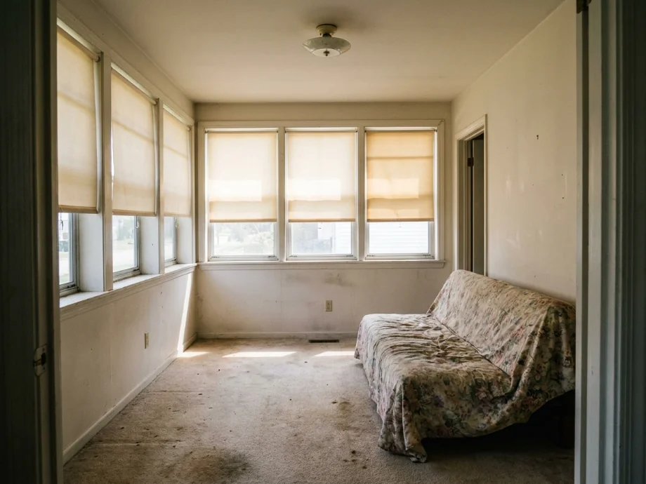 Enclosed porch refreshed with a daybed, a ceiling fan, and lighter flooring. before AI redesign