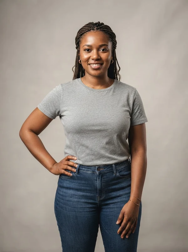 Amina — AI fashion model, curvy mid-size West African woman in her late 20s