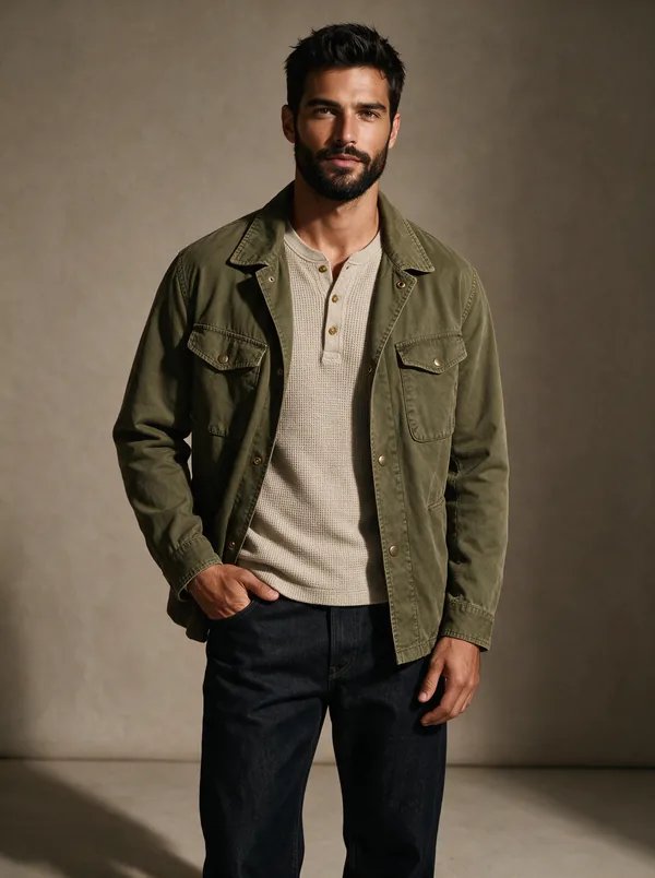 André — AI fashion model, broad-shouldered mid-size Brazilian man in his early 30s