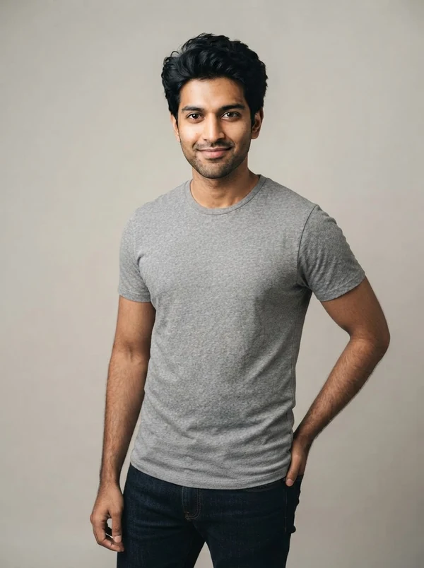 Arjun — AI fashion model, South Asian man in his mid-20s