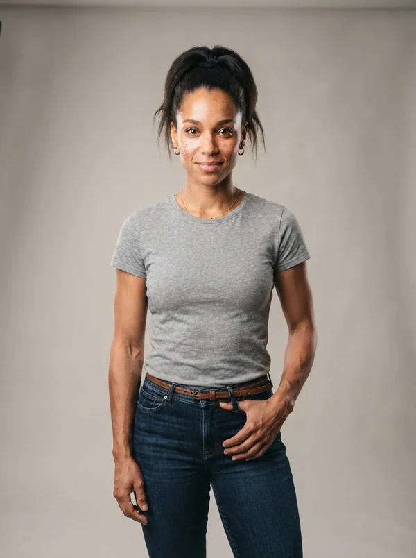 Bianca — AI fashion model, athletic mixed-race woman in her late 20s