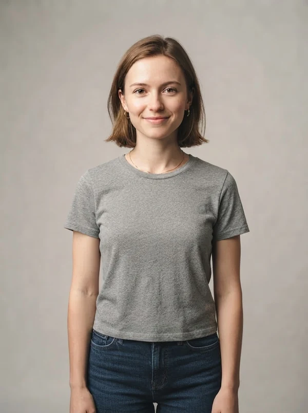 Chloe — AI fashion model, petite 5'0" woman in her mid-20s