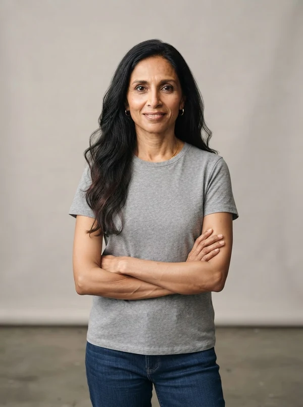 Deepa — AI fashion model, Indian woman in her mid-40s