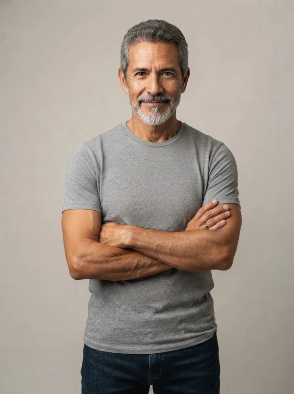 Diego — AI fashion model, Latino man in his mid-50s with a gray beard