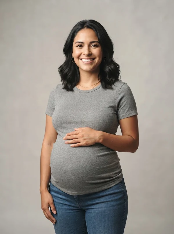 Elena — AI maternity fashion model, pregnant Latina woman in her early 30s