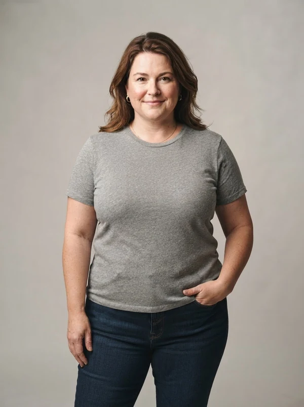 Grace — AI fashion model, plus-size white woman in her mid-40s