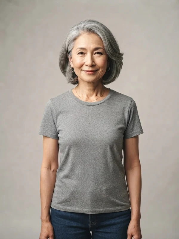 Harumi — AI fashion model, Japanese woman in her mid-60s with gray hair