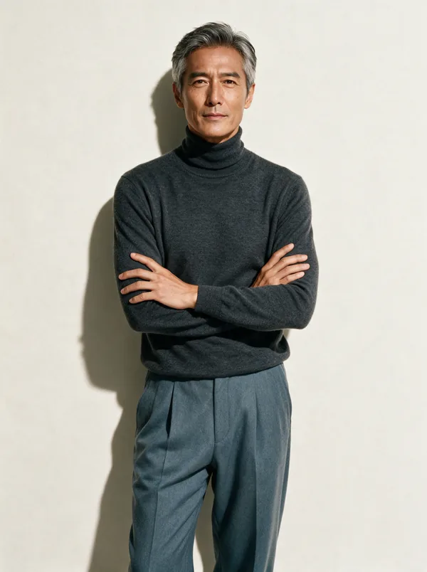 Hiroshi — AI fashion model, Japanese man in his late 40s with salt-and-pepper hair