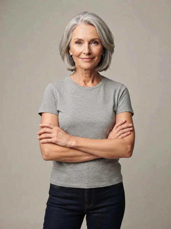 Ingrid — AI fashion model, European woman in her late 50s with silver hair