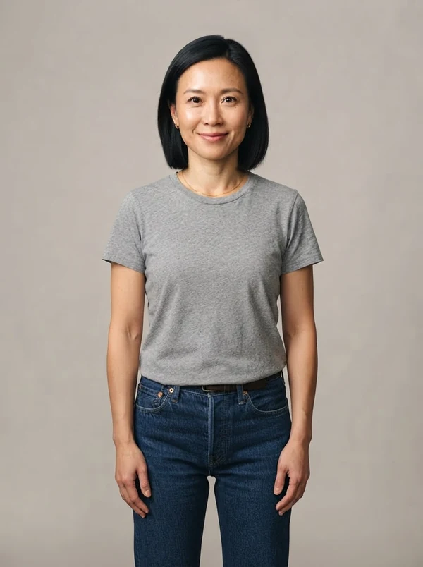 Jade — AI fashion model, Chinese woman in her early 30s with a sleek bob
