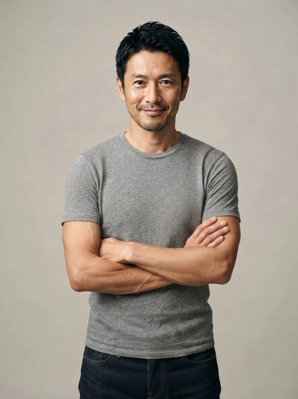 Kenji — AI fashion model, Japanese man in his mid-40s