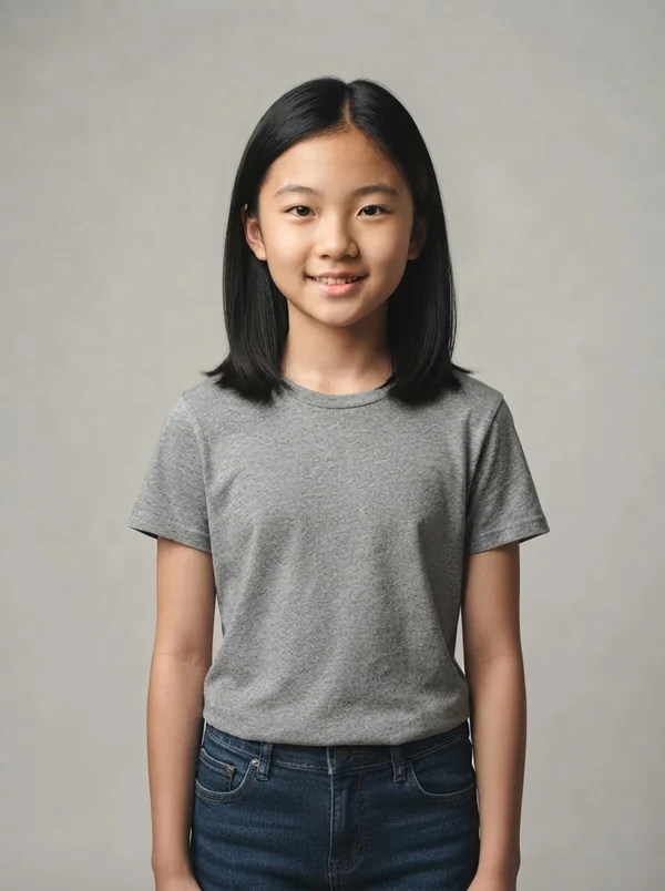 Lin — AI tween model, East Asian girl about 12 years old