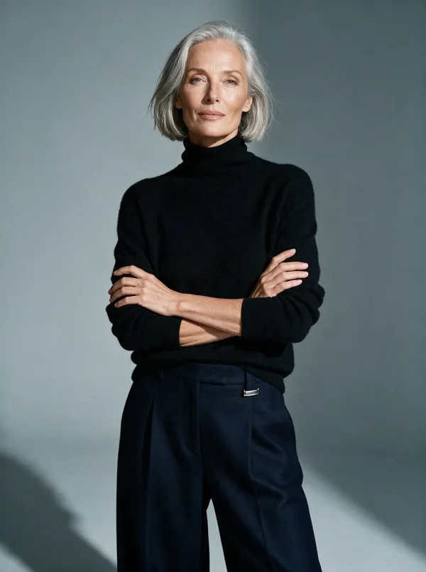 Margot — AI fashion model, French woman in her mid-50s with a silver bob