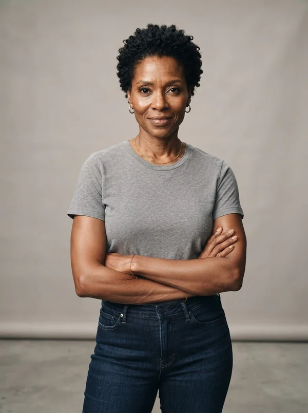 Nia — AI fashion model, Black woman in her mid-40s with short natural hair