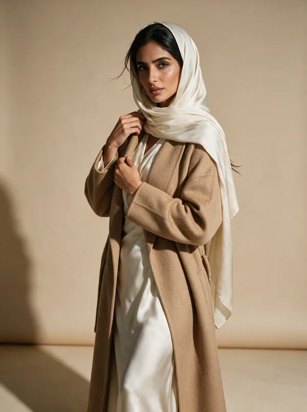Noor — AI fashion model, Emirati woman in her mid-20s wearing a silk hijab