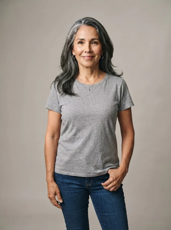 Rosa — AI fashion model, Latina woman in her mid-50s with silver-streaked hair
